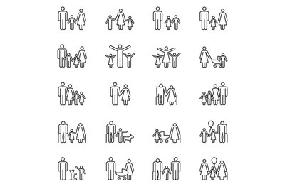 Adult people, parents and kids line icons. Family outline vector picto