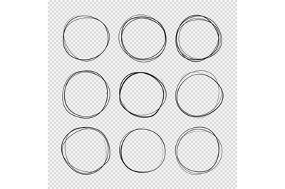 Doodle sketched circles. Hand drawn scribble rings isolated vector set