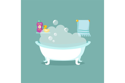 Bathroom cartoon vector interior with bathtub full of foam and shower