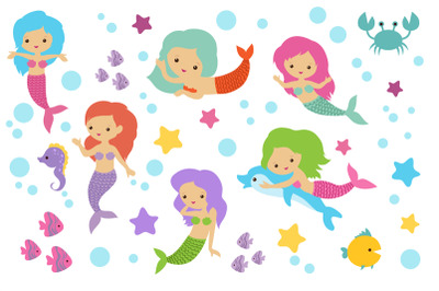 Pretty swimming mermaids with underwater elements. Sea princess girls