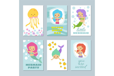 Pretty baby mermaids birthday greeting card vector templates