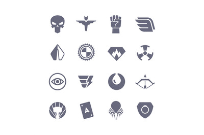 Superheroes vector icons. Super power superhero heroic symbols