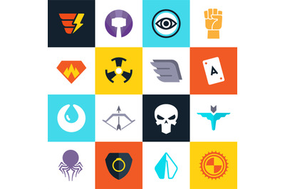 Superhero vector badges with super weapons. Superheroes symbols collec