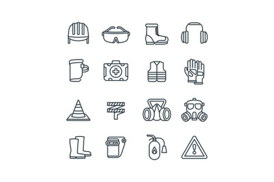 Safety work equipment and protective clothing line vector icons