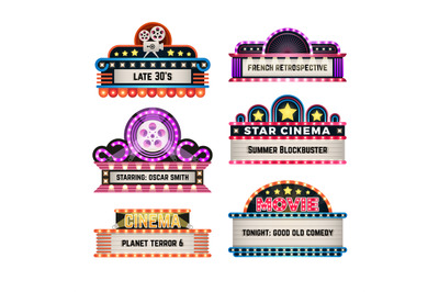 American motel and movie retro signs with light frame. Vintage casino