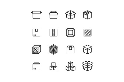 Paper and wood box line icons. Shipping packing outline vector pictogr