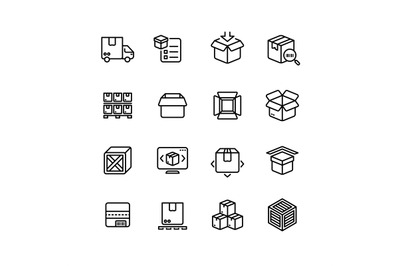 Product packing line icons. Box warehousing outline vector symbols