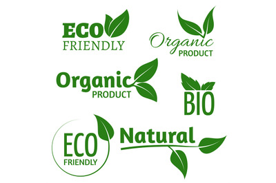 Organic eco vector logos with green leaves. Bio friendly products labe