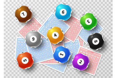 Lottery balls and bingo lucky tickets isolated on transparent backgrou