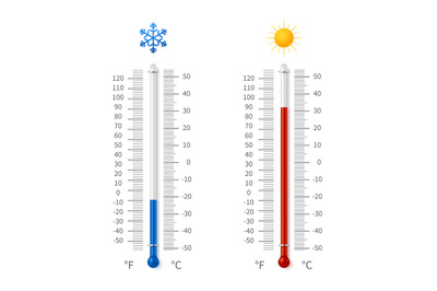 Hot and cold weather temperature symbols. Meteorology thermometers wit