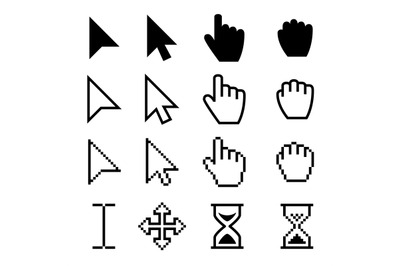 Arrow web cursors, digital hand pointers vector black pictograms