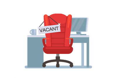 Empty office chair with vacant sign. Employment, vacancy and hiring jo