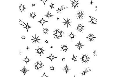 Hand drawn sky with doodle stars vector seamless background. Grunge ou