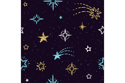 Sky vector seamless pattern with doodle stars. Starry background for h