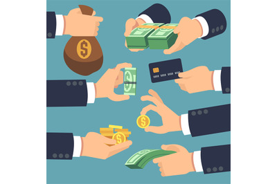 Businessman hand holding money. Flat icons for loan, paying and cash b