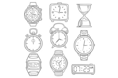 Hand drawn wristwatch, doodle sketch watches, alarm clocks and timepie