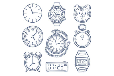 Doodle watch, clock vector icons. Hand drawn time vector icons isolate