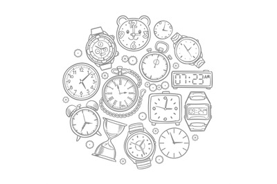 Hand drawn clock, wrist watch doodles time vector concept