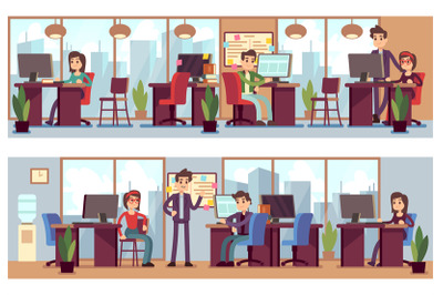 Business employees, coworkers in modern office interior vector illustr