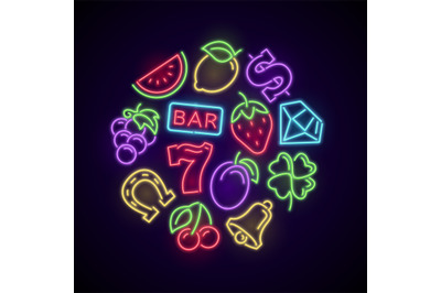 Gambling casino games neon logo with slot machine bright icons