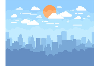 Flat cityscape with blue sky, white clouds and sun. Modern city skylin