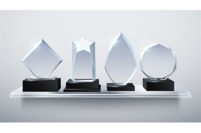 Realistic glass trophy awards, transparent diamond winner prizes on sh