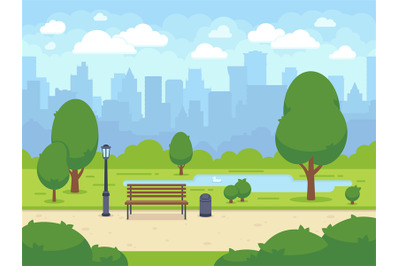 City summer park with green trees bench, walkway and lantern. Cartoon