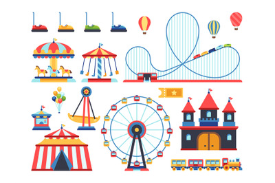 Amusement park attractions. Train, ferris wheel, carousel and roller c