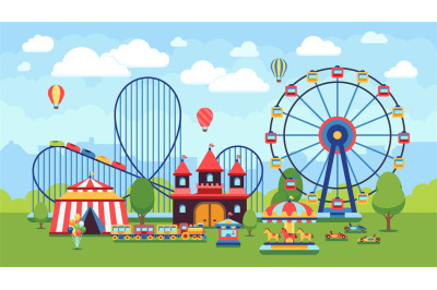 Cartoon amusement park with circus, carousels and roller coaster vecto