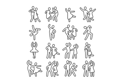 Happy dancing woman and man couple icons. Disco dance lifestyle vector