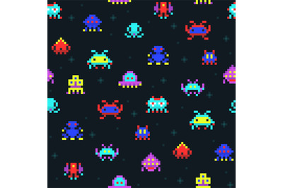 Cute pixel robots, space invaders retro video computer game seamless v