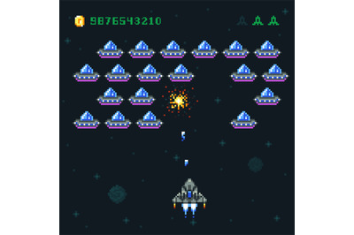 Retro arcade game screen with pixel invaders and spaceship. Space war