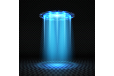 Ufo blue light beam, futuristic alien spaceship isolated vector illust