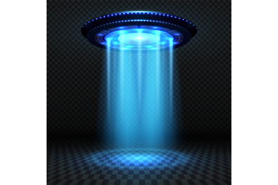 Aliens futuristic spaceship, ufo with blue lights. Invasion vector con