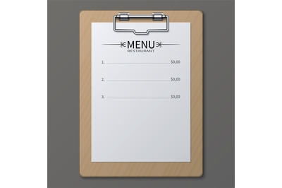 Classic restaurant menu on paper sheet in clipboard. Vector template