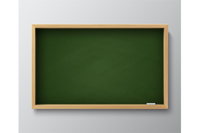 Dirty empty blackboard. Green chalkboard with wooden frame and chalk f