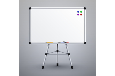 Office presentation whiteboard on tripod. Blank classroom white notice