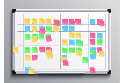 Meeting white board with color stickers. Scrum task board with sticky