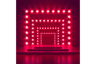 Retro show stage with light frame decoration. Game winner casino vecto