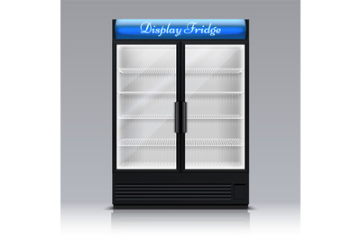 Empty freezer for beverages with glass door. Supermarket food fridge 3