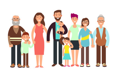 Cartoon smiling happy family. Grandpa and grandma, dady, mom and child