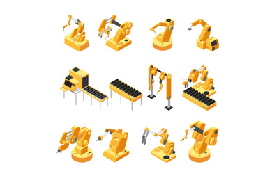 Industry robot machinery, mechanical arm isometric vector set