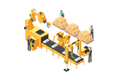 Isometric electronic factory with conveyor assembly line, operators an