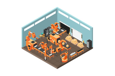 Isometric factory workshop with conveyor line, workers, electronics an