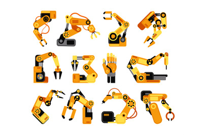 Factory robot arms manufacturing industrial equipment vector set