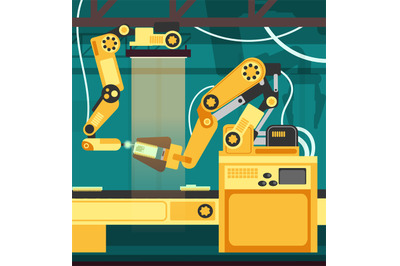 Manufacturing auto assembly line with robotic arms. Technology and eng