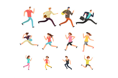 Various running people. Hurrying active male, female and kids vector s