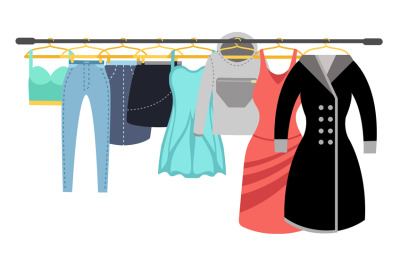 Female clothing wardrobe. Ladies colorful casual clothes hanging on ra