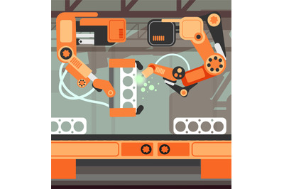 Manufacturing assembly conveyor production line with robotic arm. Heav