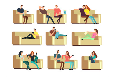 People watching tv, resting with phone, snacking on couch. Characters